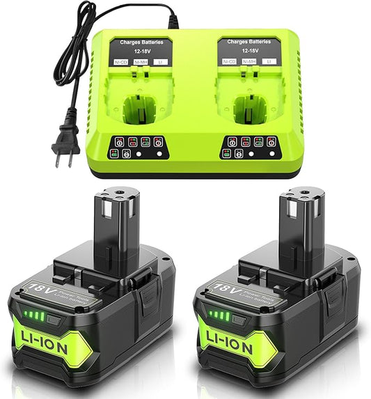 Bonacell 2Packs Upgraded 8.0Ah Replacement for Ryobi 18V Battery and Dual Charger Combo Compatible with Ryobi 18 Volt Lithium Battery ONE Plus P103 P104 P105 P107 P109 P190 P191 P122
