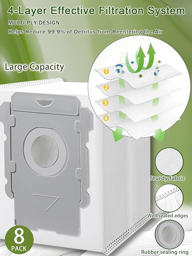 E-HAO Replacement Accessories Part for iRobot Roomba i1+, i2+, i3+, i4+, i5+, i6+, i7+, i8+, j5+, j6+, j7+, j8+, j9+, E5, E6, E7. Kit with 8 Dust Bags, 6 Rubber Rollers, 9 HEPA Filters, 6 Side Brushes