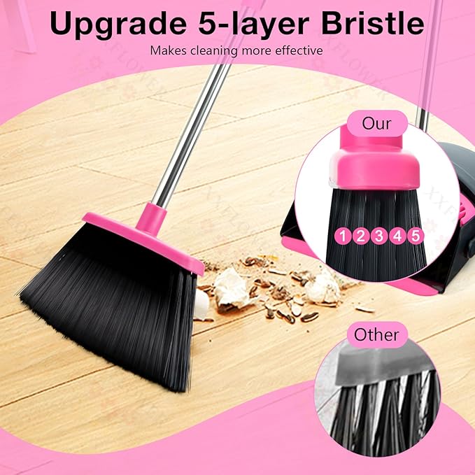 XXFLOWER Broom and Dustpan Set, Long Handle Lightweight Dustpans with Broom Combo for Home, Indoor&Outdoor Sweeping for Home Room Kitchen Office Lobby (Black Pink)