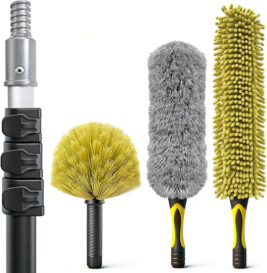 ARTIPOLY 20 Foot Telescoping Extension Pole Kit, 4-in-1 High Reach Duster with Chenille Microfiber Feather & Cobweb Duster Attachments for Ceiling Wall Hard-to-Reach Indoor & Outdoor Cleaning Yellow