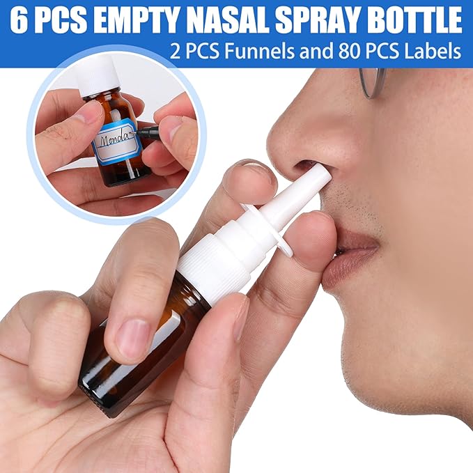 10 Pcs Nasal Spray Bottle, 10ML/0.35OZ 6 Pcs Refillable Fine Mist Glass Empty Nasal Spray Bottle with 2 Pcs Funnels and 2 Pcs Labels
