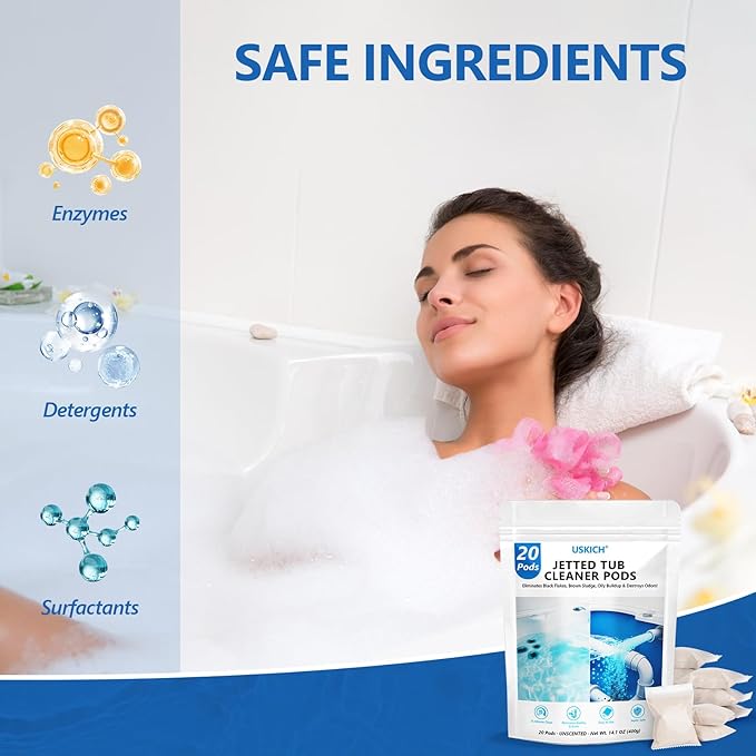 USKICH Jetted Tub Cleaner Bathtub- 20 Pods Jet Bathtub Cleaner,Jetted Tub Cleaning Solution Compatible with Spa Bath & Whirlpool,Septic Safe Bath Jet Scale and Residue Remover-1＋Year Supply