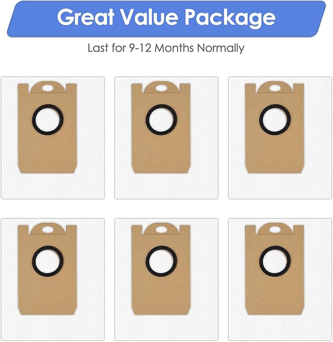 (6 Pack) T20+ Replacement Dust Bags Compatible With Airrobo T20+ Robotic Vacuum Cleaner, Accessories Kit, Large Capacity, Vacuum Bags