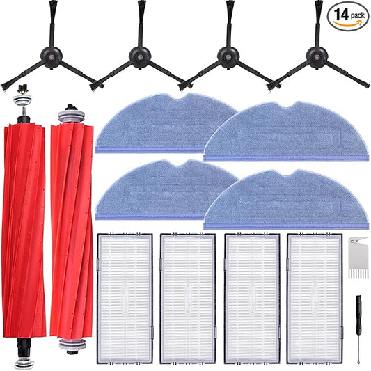 Pmosata S7 Replacement Parts for Roborock S7 MaxV Plus T7S Robot Vacuum - 2 Main Brushes, 4 Mop Cloths, 4 Filters, 4 Side Brushes, Red