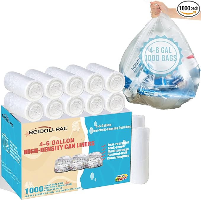 BEIDOU-PAC 4-6 Gallon Trash Bags, 1000 Count Bulk Value Pack, Clear Plastic Recycling Bags, Multi-purpose Garbage Bags for Business Home Bathroom Kitchen Commercial and Industrial