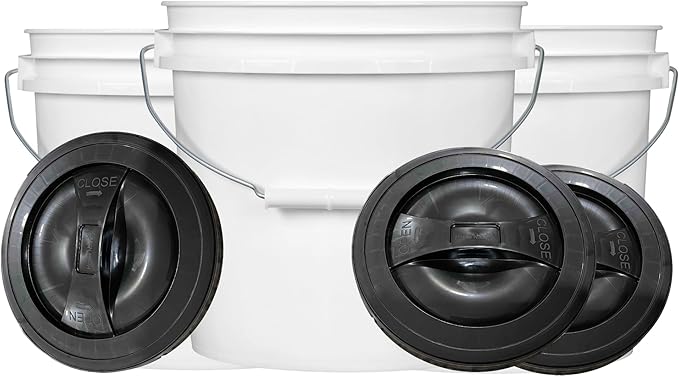 House Naturals 2 Gallon White Bucket with Screw on Lid - Pack of 3 Made in USA contrainers (White Buckets with Black Lids)