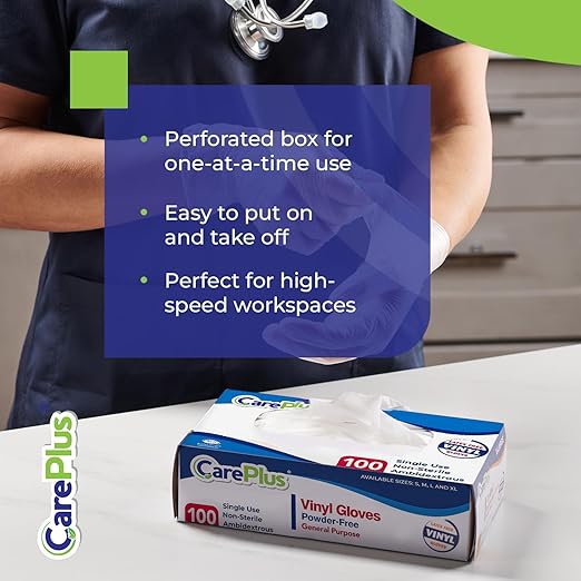 CARE PLUS Vinyl Gloves Clear Large Size 1000 Count | Heavy Duty, Non-Sterile, Powder-Free, Latex-Free Rubber | Food Prep, Kitchen & Cleaning Gloves, Ideal for Professional Use