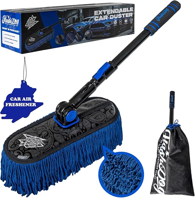 Flash Dog Waterless Car Duster - Wax Cotton Strands 360°Swivel Head & Extendable Aluminum Alloy Handle for Scratch-Free Dusting on Cars, Trucks, SUVs, RVs