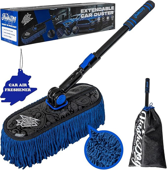 Flash Dog Waterless Car Duster - Wax Cotton Strands 360°Swivel Head & Extendable Aluminum Alloy Handle for Scratch-Free Dusting on Cars, Trucks, SUVs, RVs