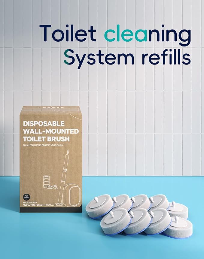 LFBEAR Disposable Toilet Cleaning System - Toilet Wand Kit with 18 High-Performance Refills, Wall Mounted Brush and Holder for Deep Cleaning Bathroom (Brush + 18 Refills)