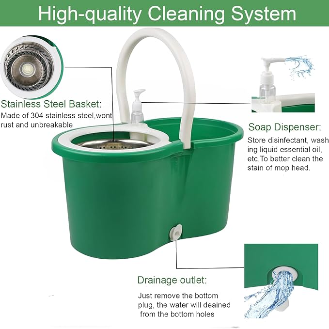 Spin Mop and Bucket with Wringer Set, 360° Spinning Mop Bucket System with 3 Microfiber Mop Replacement Heads Refills,56" Stainless Steel Extended Handle for Floor Cleaning Home Office (20QT) (Green)