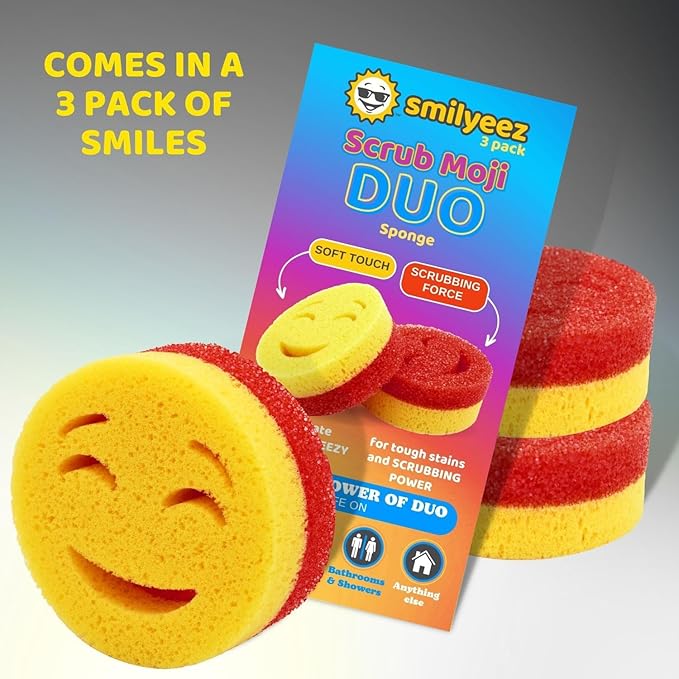 The Original Smiling Handle for Scrub Daddy (Reg. TM) Sponge and Scrub Moji Sponge - (Light Blue Handle) & 3 Scrub Moji DUO's