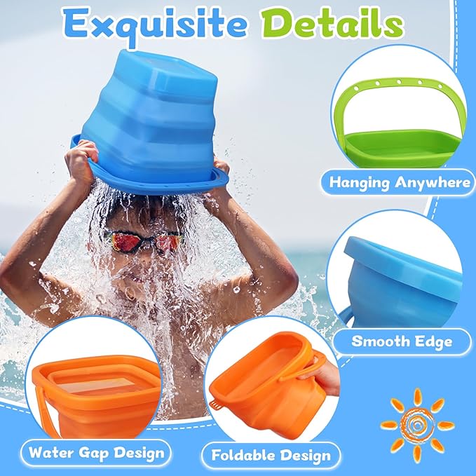 Jumbo Beach Sand Bucket Toy for Kids, 3L Collapsible Sandbox Pail, Easter Buckets, 3 Pack Multi Use Tool for Garden, Planting, Camping, Storage Fishing, Washing, Summer Holiday Travel Birthday Gifts