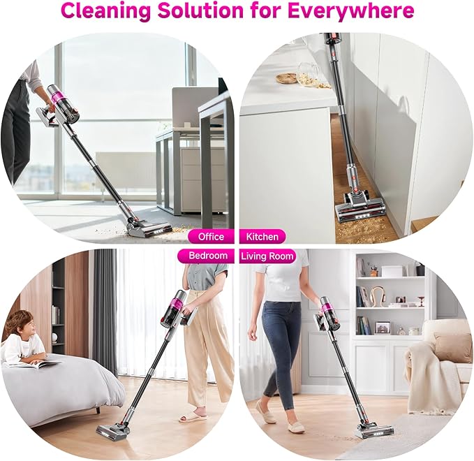 Clinkal Cordless Vacuum Cleaner: 40KPA Powerful Suction Cordless Stick Vacuum Cleaners for Home, Anti-Tangle Brush, Lightweight, 6-in-1 Rechargeable Vacuum for Pet Hair/Carpet/Hard Floor(Purple)