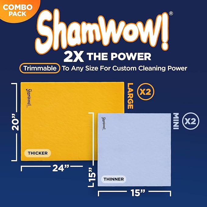 ShamWow Original Super Absorbent Multi-Purpose Cleaning Shammy Chamois Towel Cloth - Holds 10X its Weight in Liquid - Machine Washable - Will Not Scratch (4 Pack: 2 Large Orange & 2 Small Blue).