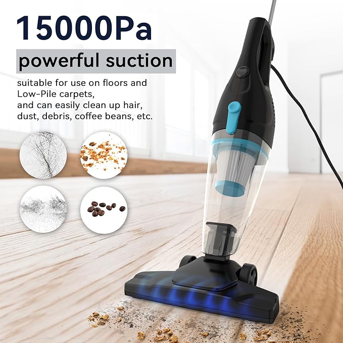 Corded Vacuum Cleaner, 4-in-1 Vacuum Cleaners for Home 15Kpa Power Suction Lightweight Corded Stick Vacuum with HEPA Filter Converts to Small Handheld Vacuum for Home, Pet Hair, Carpet, Hard Floors