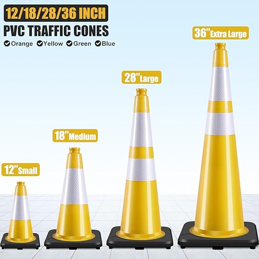 Fluorescent Orange/Green PVC Traffic Cones, Heavy Black Base Parking Lot Cone Structurally Stable Weatherproof Road Construction Safety Cones (4, Yellow, 36" Extra Large)