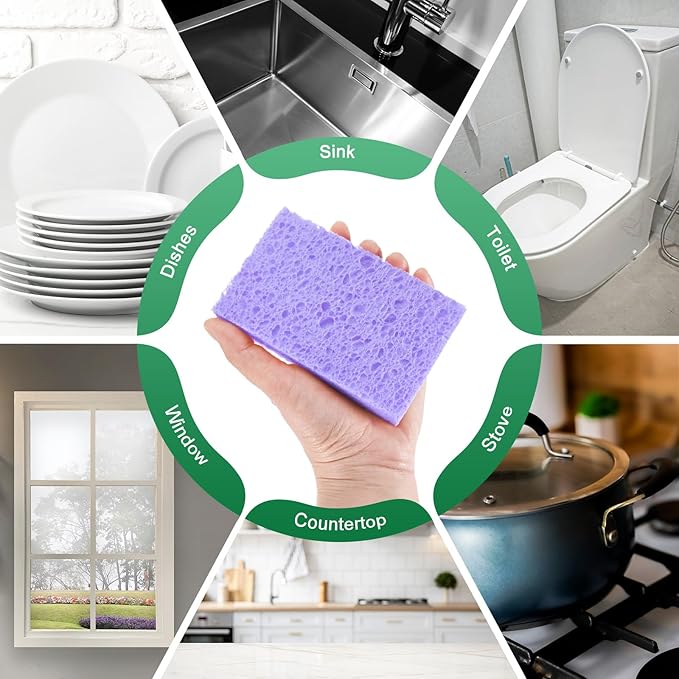 M METERXITY 12-Pack Kitchen Sponges, Condense Eco Cellulose Non-Scratch Scrub Heavy Sponge for Kitchen/Household/Bathroom, Clean Tough Messes Dish Scrubber [Purple]