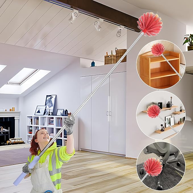 TOXYMHO Cobweb Duster with Extension Pole, 59" Adjustable Stainless Steel Pole, Washable Duster with Medium-Stiff Bristles for Ceiling Fan, High Ceilings, Blinds, Furniture, Kitchen, and Home Cleaning
