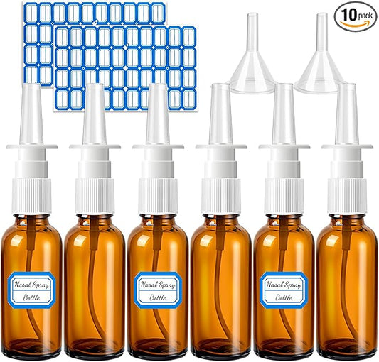 10 Pcs Nasal Spray Bottle, 30ML/1oz 6 Pcs Glass Nose Spray Bottle Empty, Fine Mist Sprayers Atomizers with 2 Pcs Funnels and 2 Pcs Labels