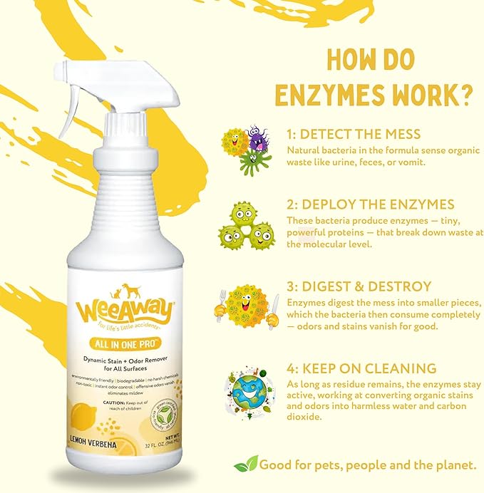 Wee Away Pet Stain and Odor Remover Spray, Biodegradable Enzyme Cleaner for Dog and Cat Urine, Poop, Diarrhea, & Vomit, For Carpets, Upholstery, Cages, Litter Boxes (32 oz) (Lemon Verbena)