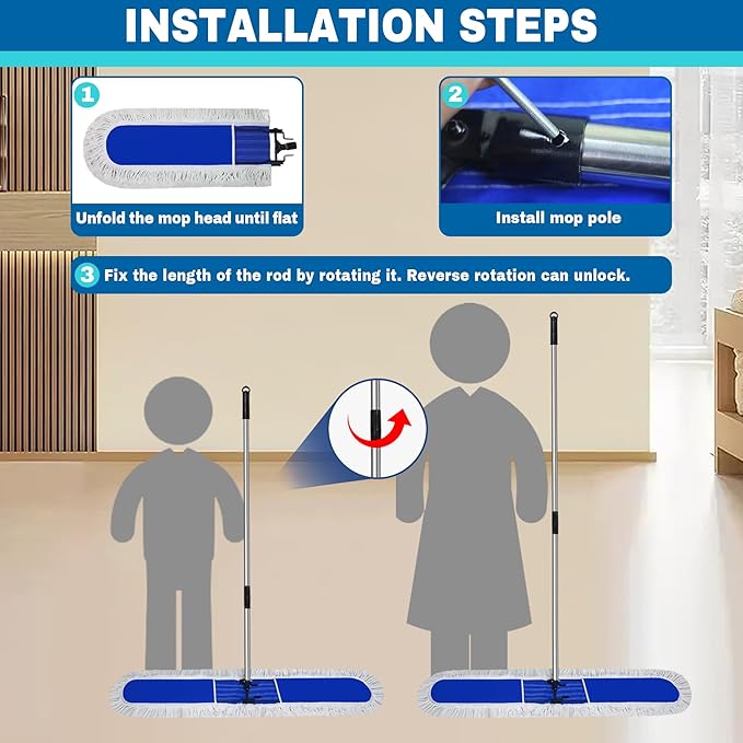 Solipect 48 inch Commercial Dust Mop for Hardwood Floors, Large Size Dry Mop, Reusable Cotton Yarn Head, Telescopic Stainless Steel Handle, Industrial dust mops for Floor Cleaning, Marble, Blue