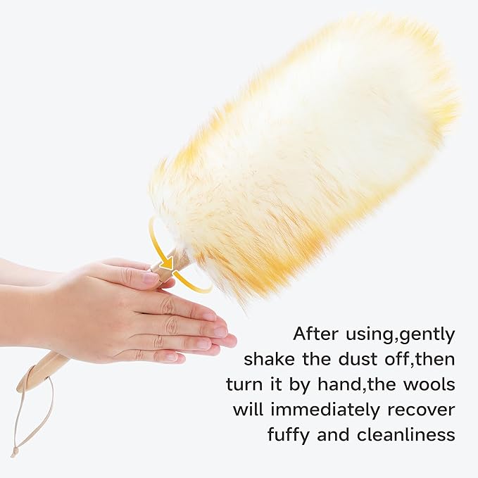 ONESIMUS 2 Pack Lambswool Dusters Fluffy Handheld Natural Feather Duster, 11 inch Washable Reusable Wool Dusters with Solid Wooden Handle for Cleaning Ceiling Fan, Interior, & Car etc