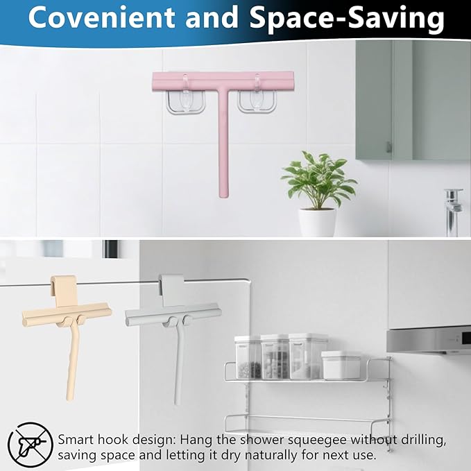 DEOFUXT Shower Squeegee for Glass Doors, Full Silicone Jacketed Squeegee with Ergonomic Handle & No-Drill Hook, Cleaning Tool for Windows, Mirrors, Tiles, Bathroom & Car - Grey
