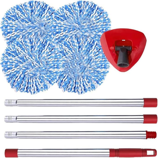 ANREKEYH Spin Mop Replace Head, Base, Handle Compatible with O Cedar EasyWring RinseClean Microfiber Spin Mop, 4 Microfiber Mop Refills, 1 Triangle Mop Base and 58in Mop Handle (Blue (2-Tank System))
