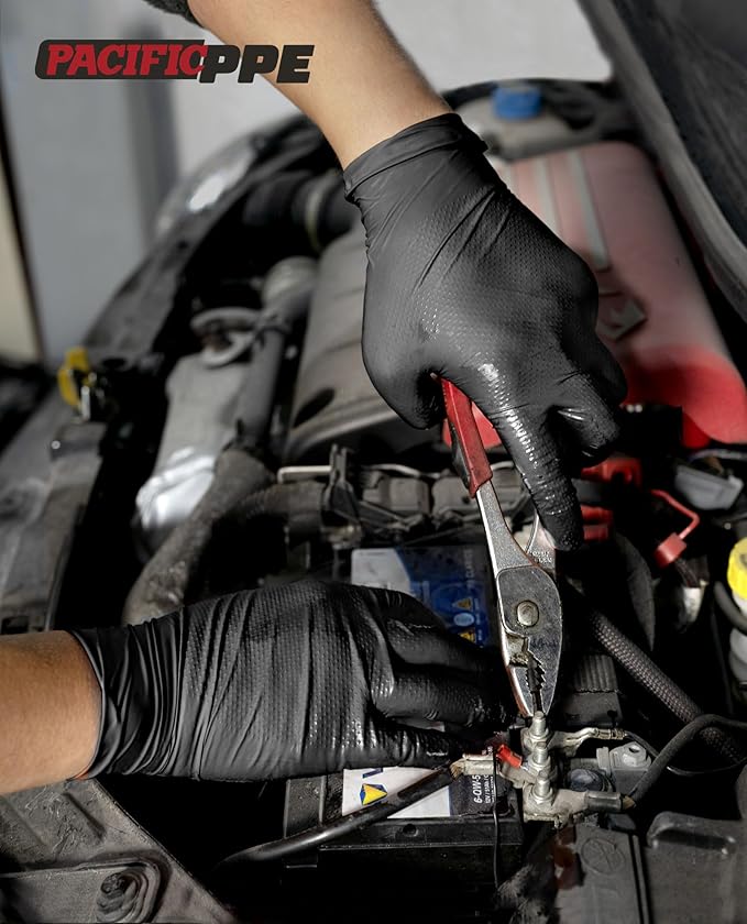 PACIFIC PPE 8 Mil Heavy Duty Black Nitrile Gloves, Food Safe, Latex Free, Mechanic, Fully-Diamond Textured Grip Industrial Disposable Gloves, Medium