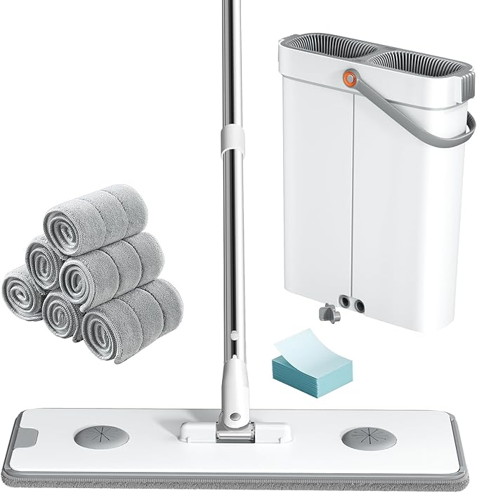 POPMOP Flat Mop and Bucket System - Mop and Bucket with Wringer Set for Home | Wet Dry Mop for Apartment, Tiny Home, Windows, Wall, Hardwood Floor, RV with 6 Reusable Microfiber Cloth