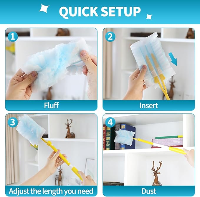30 Count Microfibre Feather Duster Refills Compatible with Swiffer Dusters, Disposable Static Dust Removal Refills, Multi-Surface Duster with 1 Pcs Retractable Handle(Unscented, Pack of 1)