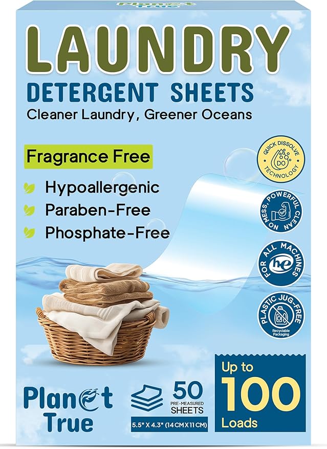 Eco-Friendly Laundry Detergent Sheets, 100 Loads (50 Sheet) Fragrance Free Laundry Sheets Detergent, Concentrated Washer Detergent, Plastic Free Travel Laundry Detergent