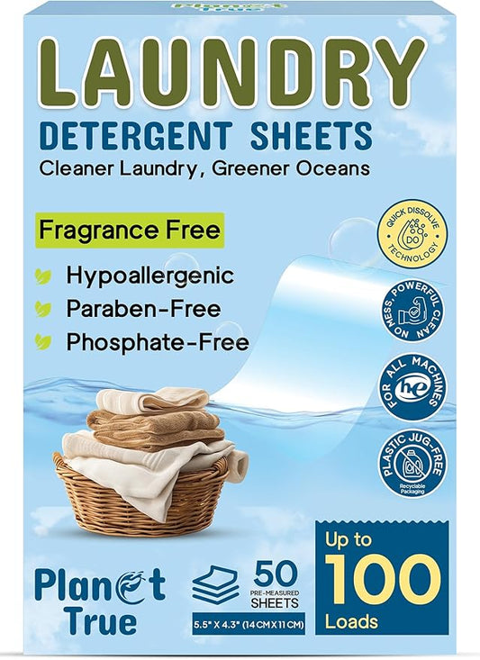 Eco-Friendly Laundry Detergent Sheets, 100 Loads (50 Sheet) Fragrance Free Laundry Sheets Detergent, Concentrated Washer Detergent, Plastic Free Travel Laundry Detergent