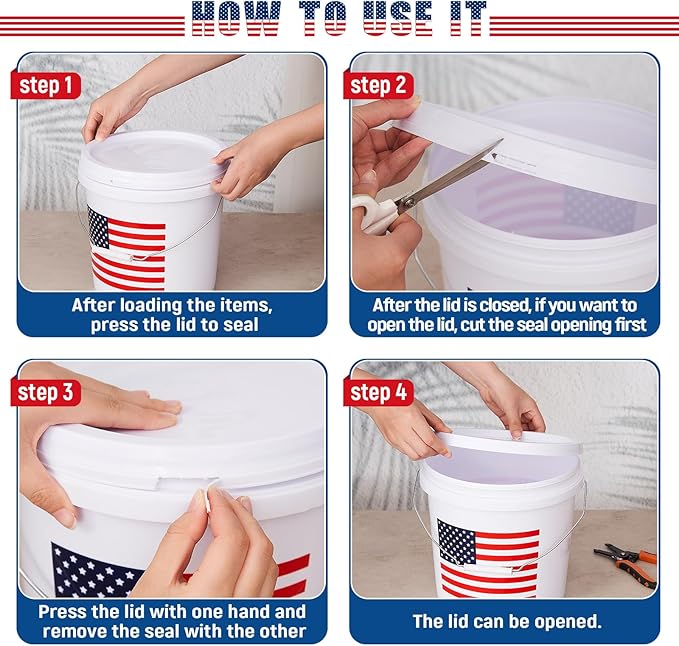 4 Pcs 2 Gallon Plastic Bucket with Lid and Handle, Large White Heavy Duty Bucket with American Flag for Home Gardening Tools Household Cleaning Baseballs Storage Container