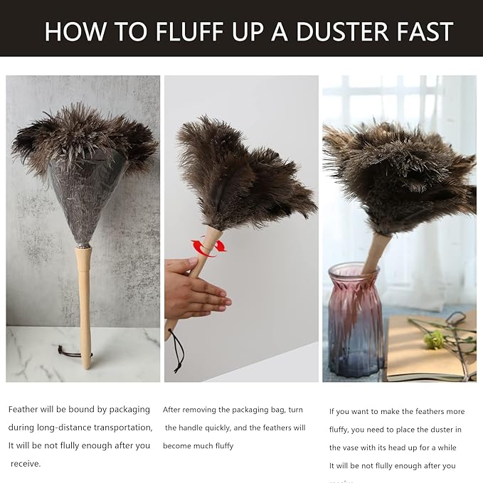 THARAHT 1PCS Ostrich Feather Duster Fluffy Natural with Wood Handle Reusable Washable for Cleaning Keyboard,Home,Car,Office Ostrich Feather Duster,16 Inch