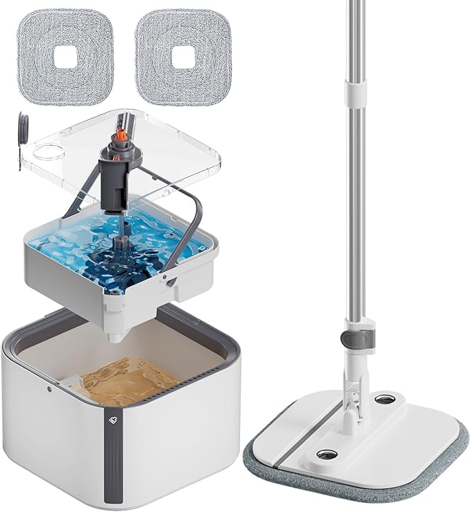 KZKR Spin Mop and Bucket Set with Self Separation Dirty and Clean Water System, Self Wringing 360° Rotating Square Mop Head for Home Floors Cleaning (2.0 Mop and Bucket Set (2 Pads))