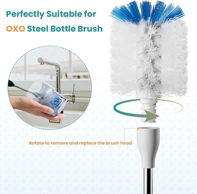 Bottle Brush Refills for OXO Stainless Steel Bottle Brush Only, 8 Pack Bottle Brush Replacement Head for Clean Water Bottle, Baby Bottle, Glasswares, Mugs