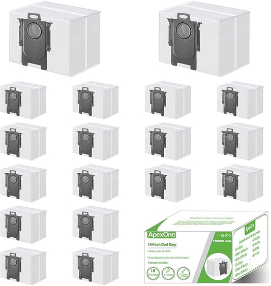 ApexOne 18 Pack Q10 Q7 Q5 Dust Bags for Roborock Q7 M5+, Q10 S5+/Q10 X5+, S8+, S8 Pro Ultra, Q7 Max+/Max, Q5 Max+, Q8 Max+, S7 Pro Ultra, Q5, Q5+, Q7, S7 MaxV Ultra Robot Vacumm Cleaner, 3L Capacity