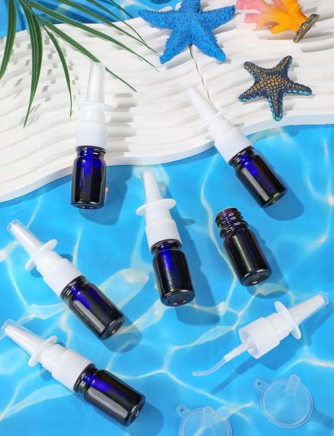 10 Pcs Nasal Spray Bottle, 5ML/0.17OZ 6 Pcs Blue Fine Mist Glass Empty Refillable Nasal Spray Bottle with 2 Pcs Funnels and 2 Pcs Labels