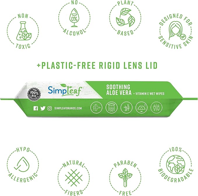 Simpleaf Flushable Wet Wipes Aloe Vera| Eco-Friendly, Paraben & Alcohol Free | Hypoallergenic & Safe for Sensitive Skin | Soothing Aloe Formula | (12 x 25 Counts Convenient Pack) 300 Counts Total