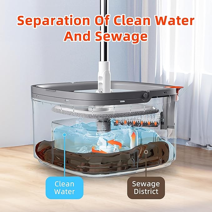 KZKR Spin Mop and Bucket Set with 10 Replaceable Microfiber Mop Pads with Self Separation Dirty and Clean Water System, Self Wringing 360° Rotating Square Mop Head for Hardwood Tile Marble Floors