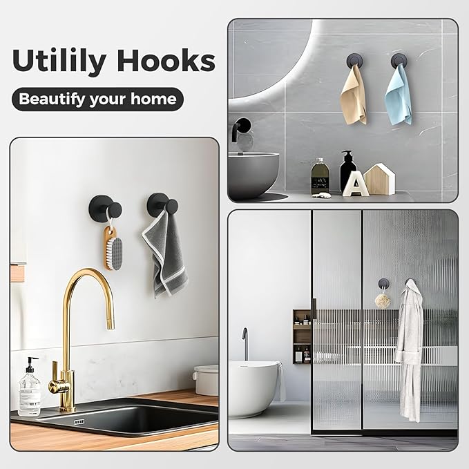 WingWider Shower Hooks for Inside Shower,Suction Cup Hooks for Glass Window,Removable Towel Hooks for Bathrooms,2 Packs(Black)