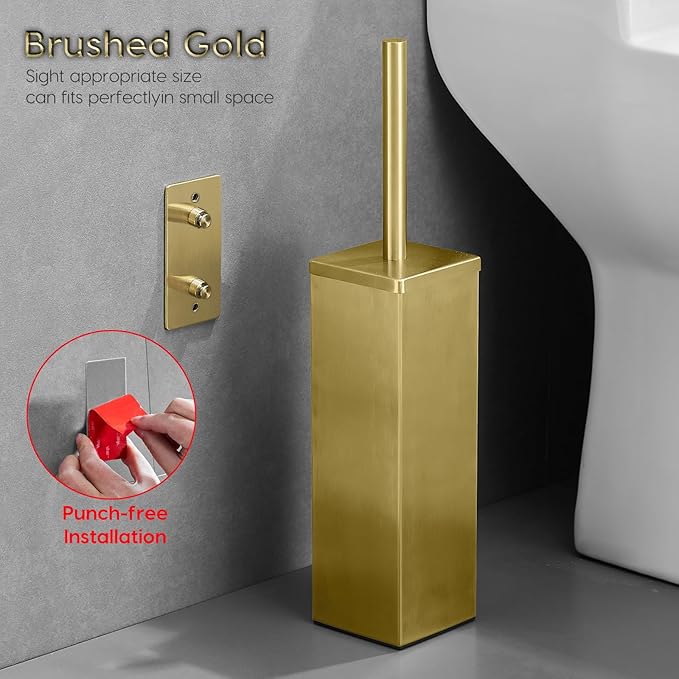 JOVYXIE Brushed Gold Stainless Steel Square Toilet Brush with Metal Lid Dual-Use Toilet Brush Holder with Drilled + Drill-Free Hook Base Includes Removable Inner Bucket (Brushed Gold)