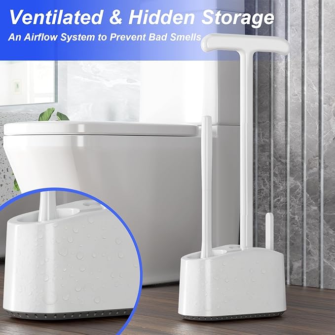 3 in 1 Toilet Brush and Plunger Set，Extended Handle Plunger,Heavy Duty Toilet Bowl Brush and Holder Hidden Toilet Plunger and Brush Set,Bathroom Cleaning Supplies (Pure White)