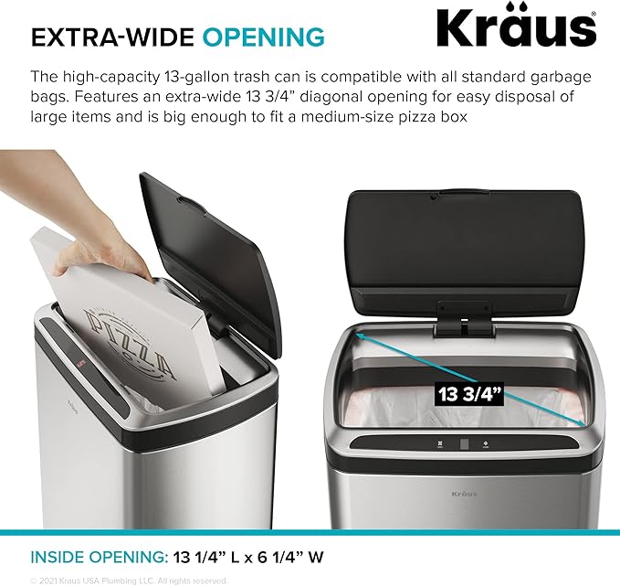 Kraus GarbagePro Rectangular 13 Gallon Hands-Free Motion Sensor Trash Can Battery Operated in Fingerprint Resistant Stainless Steel Finish with SoftShut Touchless Lid, KTCS-10SS