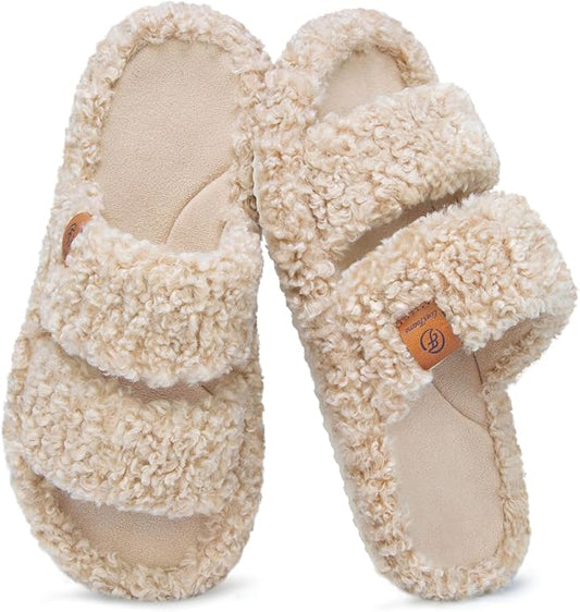 EverFoams Womens Fuzzy Open-toe Slippers Soft Comfy Memory Foam Indoor House Shoes
