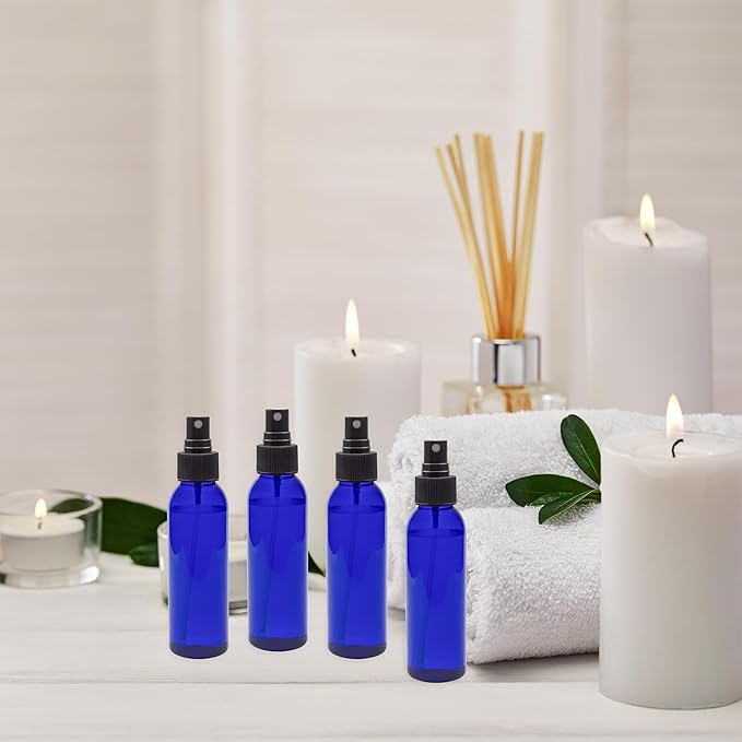 Cornucopia 4oz Blue Empty Plastic Refillable PET Spray Bottles w/Fine Mist Atomizer Caps (6-Pack); Sprayers for DIY Home Cleaning, Aromatherapy, Travel, & Beauty Care (4 Ounce, Cobalt Blue, 6)