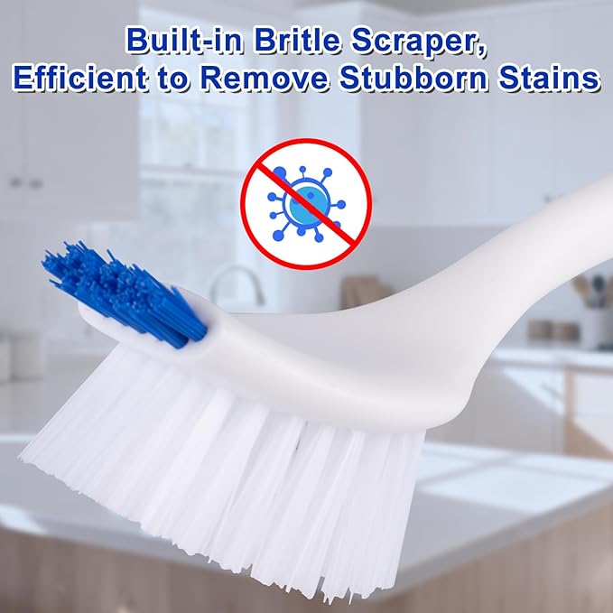 Heavy Duty 2 Pack Dish Scrub Brush with Handle BITOPE Kitchen Cleaning Scrubber with Stiff Bristle Scraper for Washing Sink Dishes Bottle Cup Pot Pan Cookware