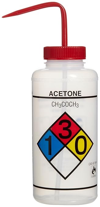 SP Bel-Art Safety-Labeled 4-Color Acetone Wide-Mouth Wash Bottles; 1000ml (32oz), Polyethylene w/Red Polypropylene Cap (Pack of 4) (F11732-0001)